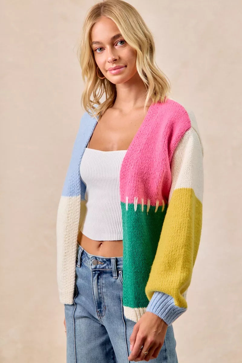Rana Color Block Open Front Sweater Cardigan featuring bold color mix.