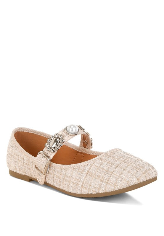 Front angle view of beige Noyama Tweed Mary Jane flat featuring charm embellishments and a classic round toe design.