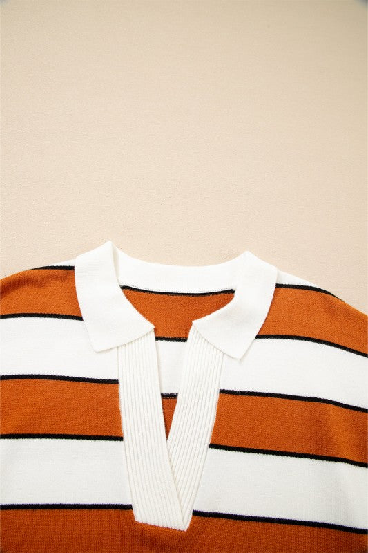 Close up of Valeria Stripe Sweater showing ribbed collar and textured knit