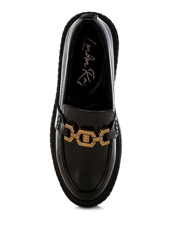 Top view of black Grosbeak Chunky Loafers with cushioned insole.