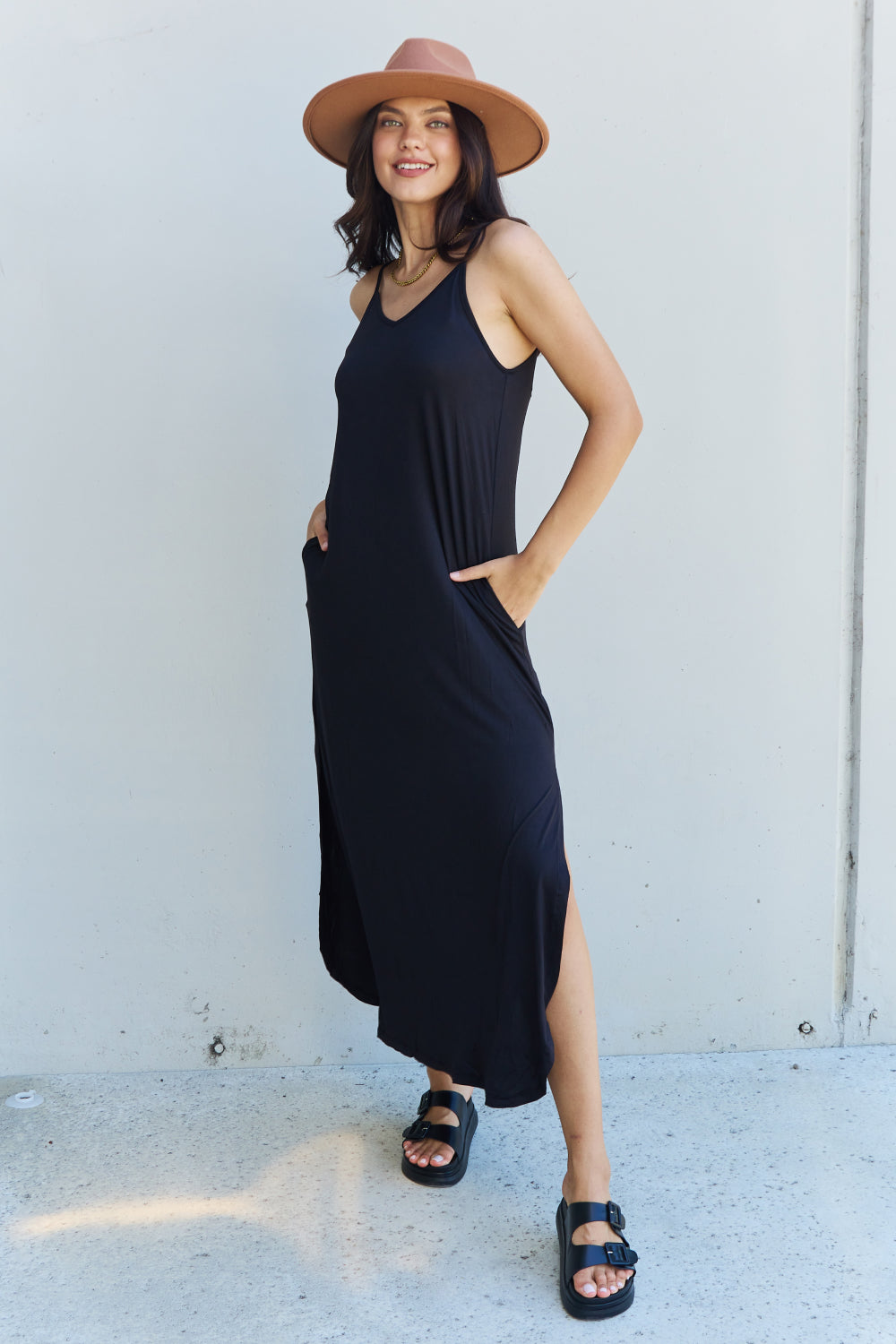 Ginny Cami Side Slit Maxi Dress in Black