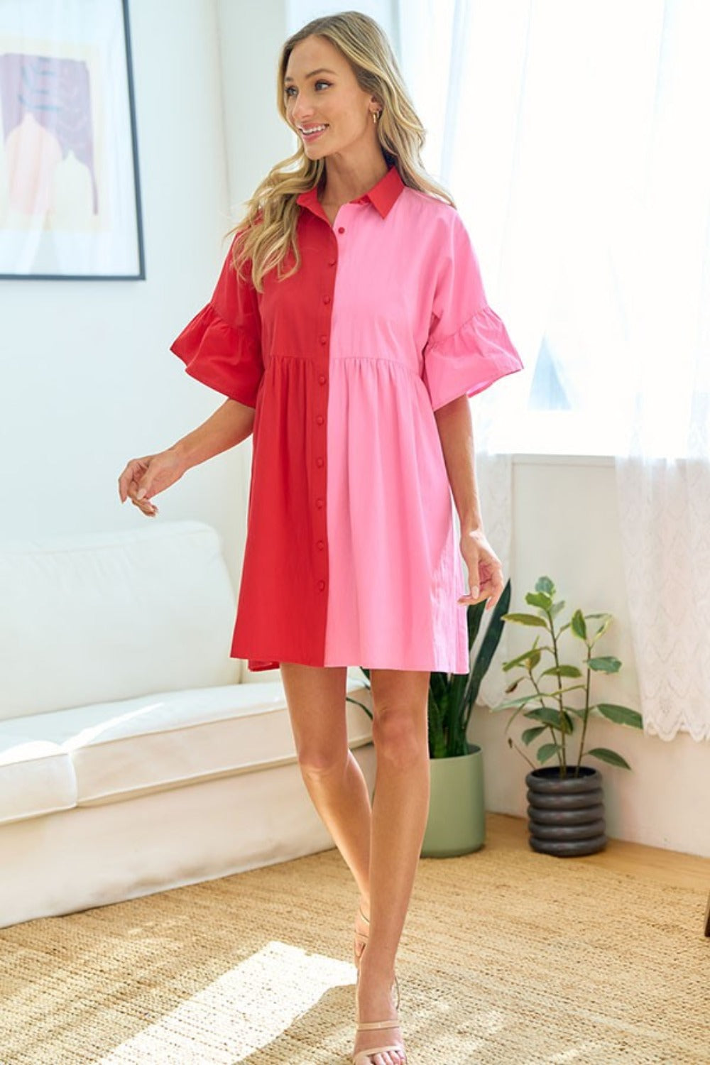 Marla Color Blocked Button Down Babydoll Dress