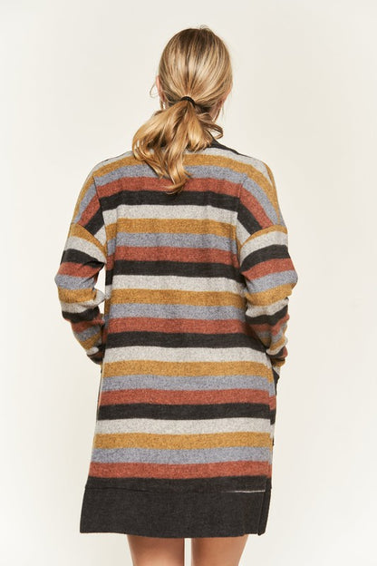 Back view of Vinni Stripe Cardigan showing multicolor rust, gold, gray, and beige stripes.