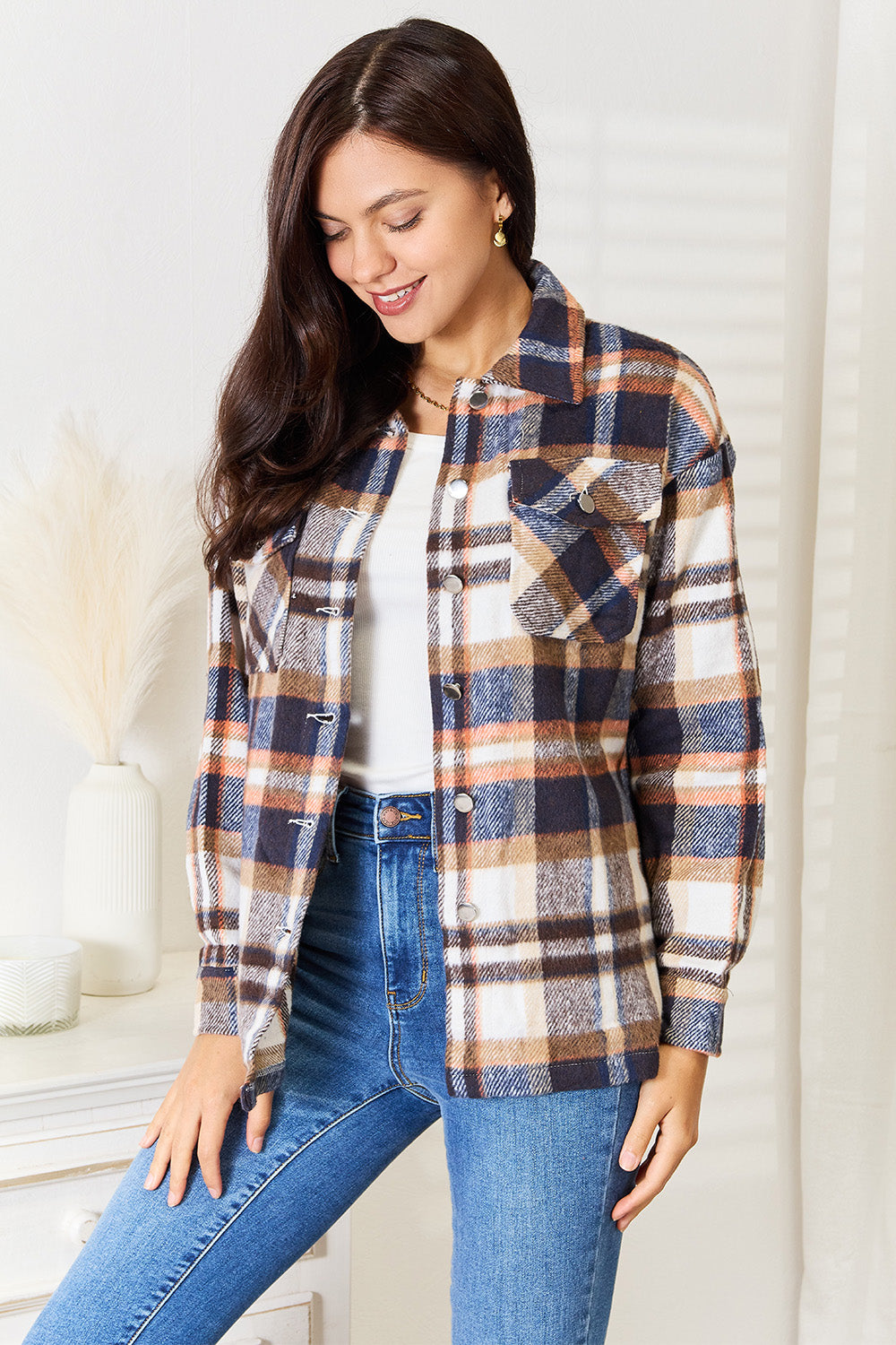 Lauren Plaid Button Front Shirt Jacket with Breast Pockets