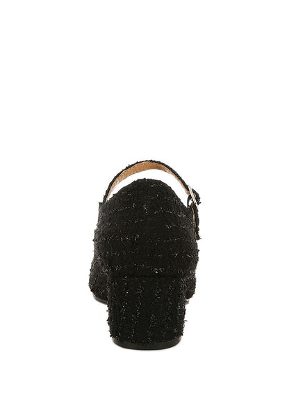Back view of Black Antara Tweed Mary Jane Heels showing heel height and tweed finish.