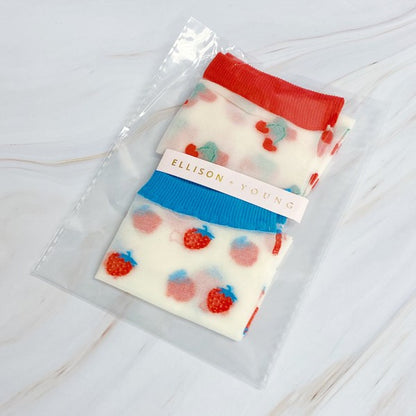 Packaged Sweet & Fruity Sheer Socks Set of 2 pairs in 6” x 5” package with cherry and strawberry designs.