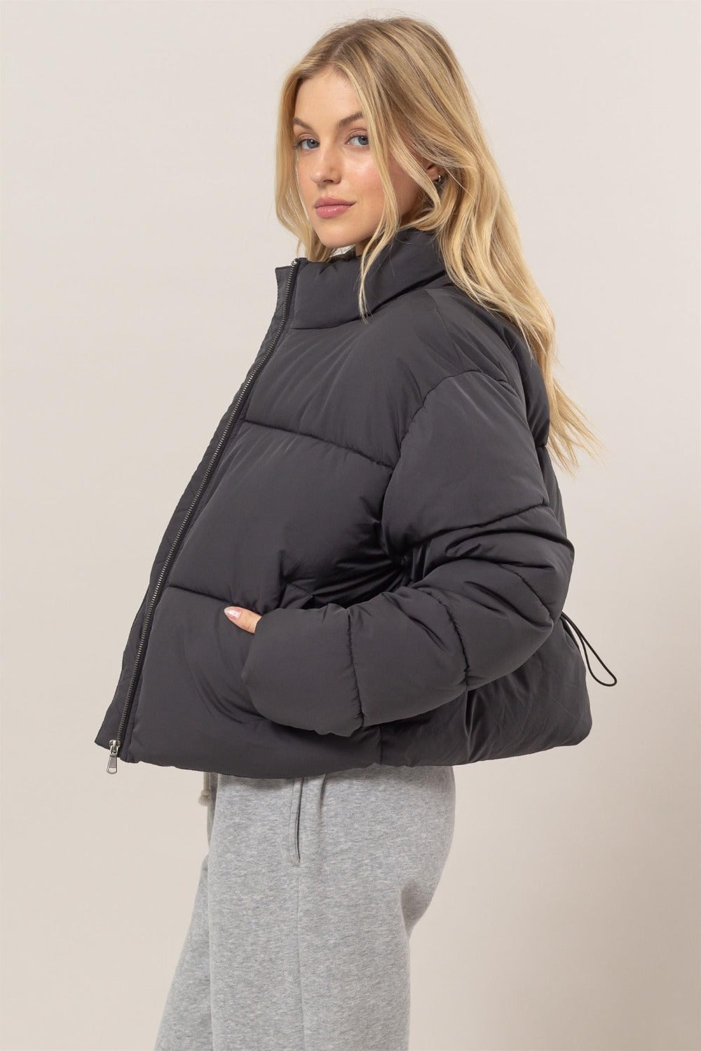 Mesa Quilted Back Drawstring Puffer Jacket in Black