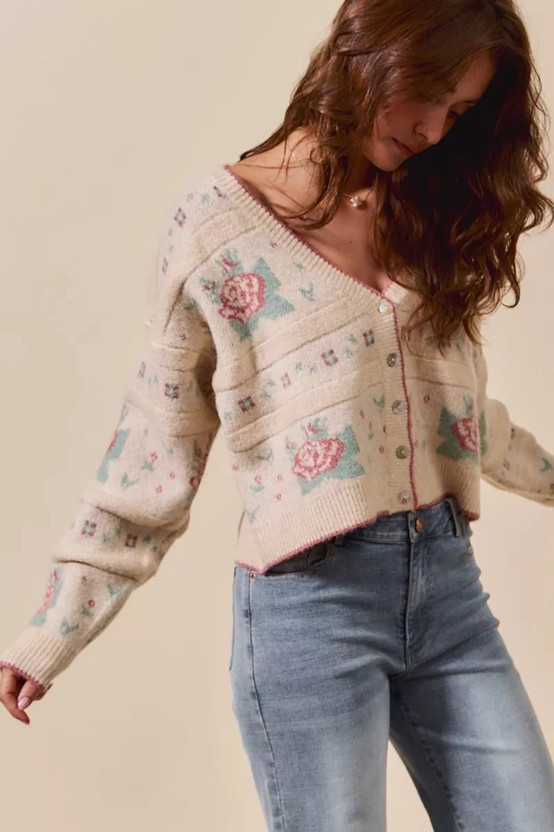 Sonny Floral Pattern Beige Cardigan – Side angle long sleeve sweater knit.