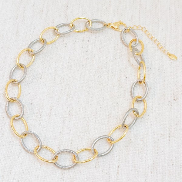 Flat lay of Cabled Texture Two Tone Chain Necklace showing clasp and extender