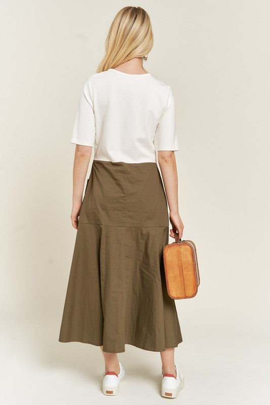 Back view of Felicity Plus Size Knit Mix Dress in olive highlighting flared hem