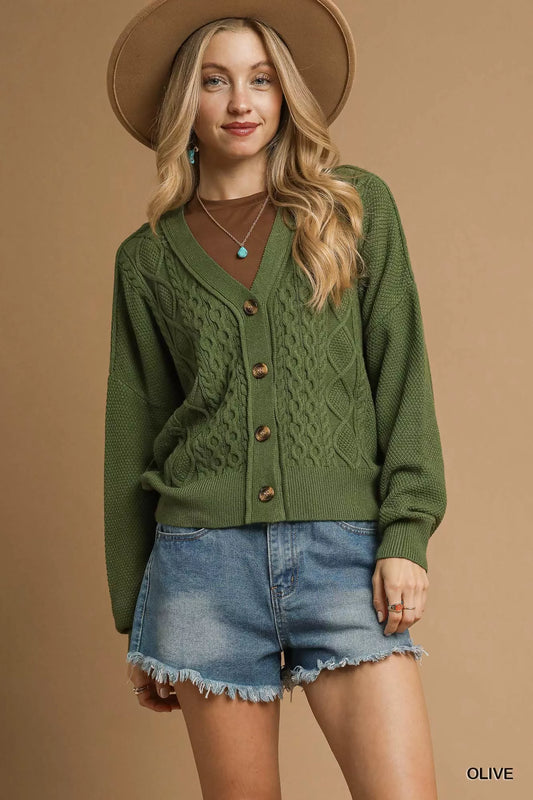 Uma Chunky Cable Knit Cardigan Olive front view with V-neck button-up style.