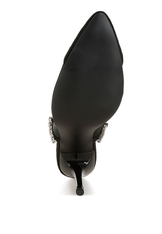 Black Yaga Slingback Stilettos bottom view showing textured sole and sleek stiletto heel