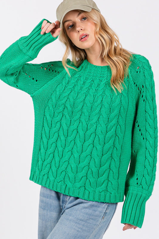 Amelia Cable-Knit Long Sleeve Sweater In Emerald