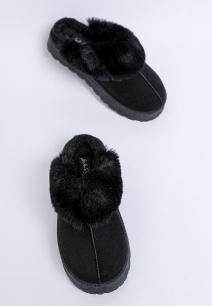 Front angle of Black Portho Faux Fur Slip Ons with round toe and plush faux fur trim.