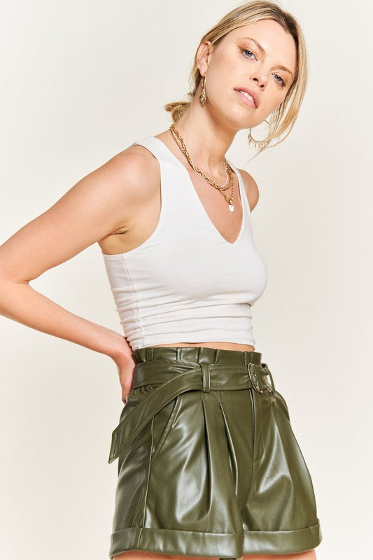 Larissa High-Rise Waist Belted Faux Leather Shorts