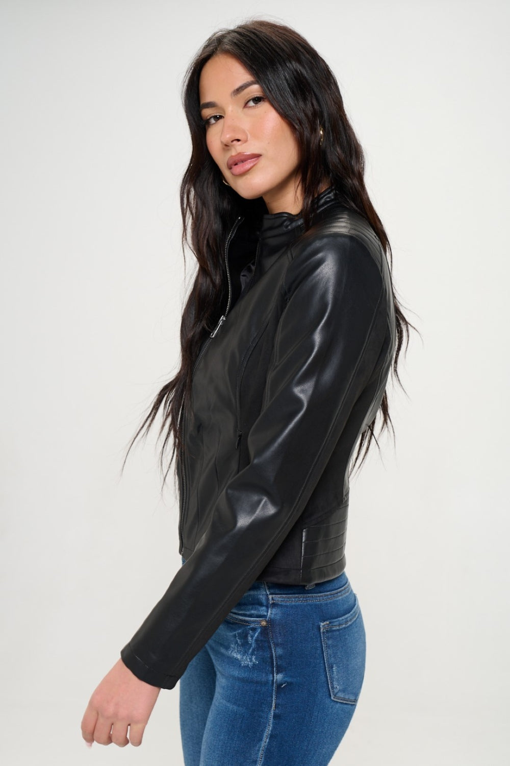 Tara Zip Up Vegan Moto Jacket In Black