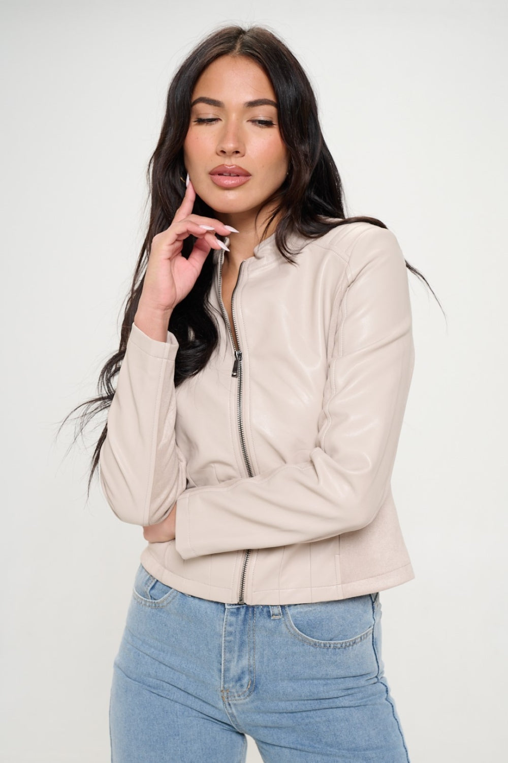 Tara Zip Up Vegan Moto Jacket In Cream