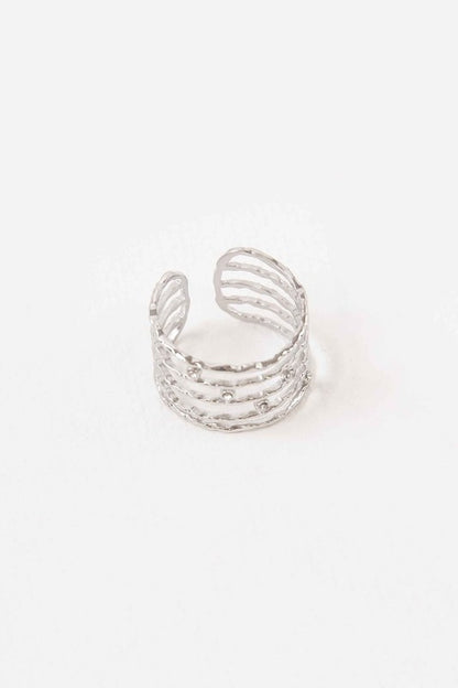Front view of Twig Adjustable Ring Silver with five stone-accented bands.
