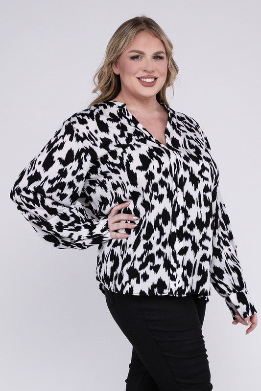 Lyna Curvy Plus Leopard Notched Neckline Blouse