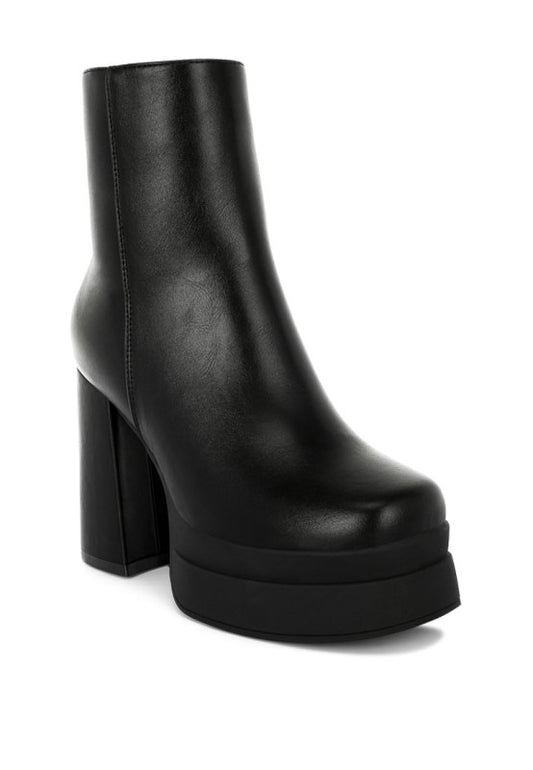 Front angle of Baltese Chunky Heel Boots in black vegan leather with square toe and platform sole.