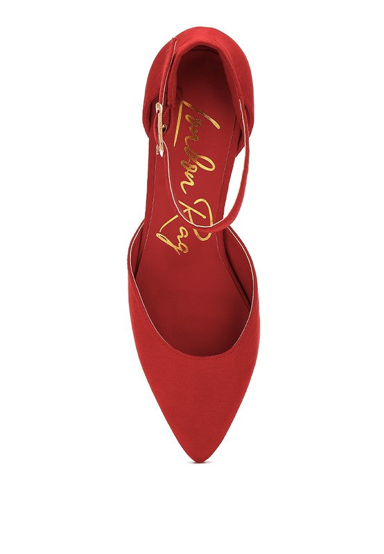Red Rozita Block Heels showing cushioned insole, ankle strap placement, and pointed toe
