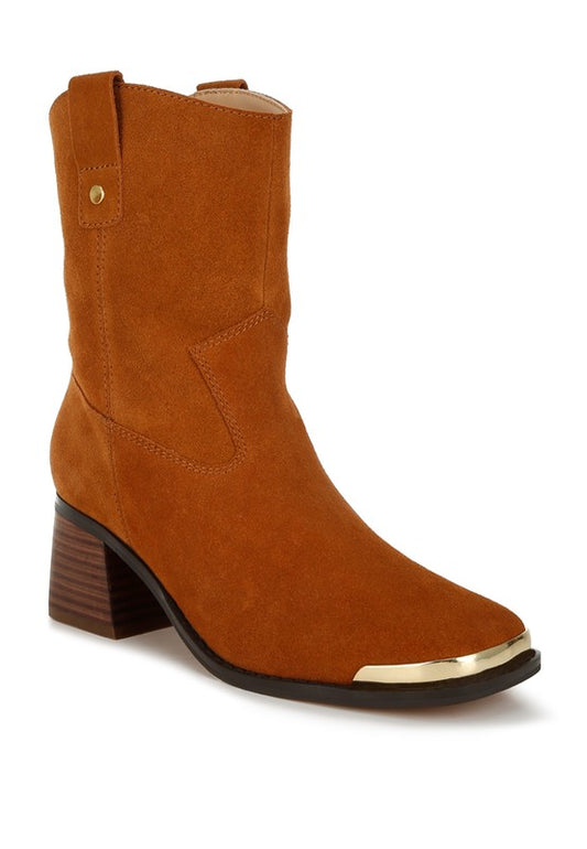 Emberly suede ankle boots in tan with gold metallic toe, stacked heel, and Western-inspired stitching.