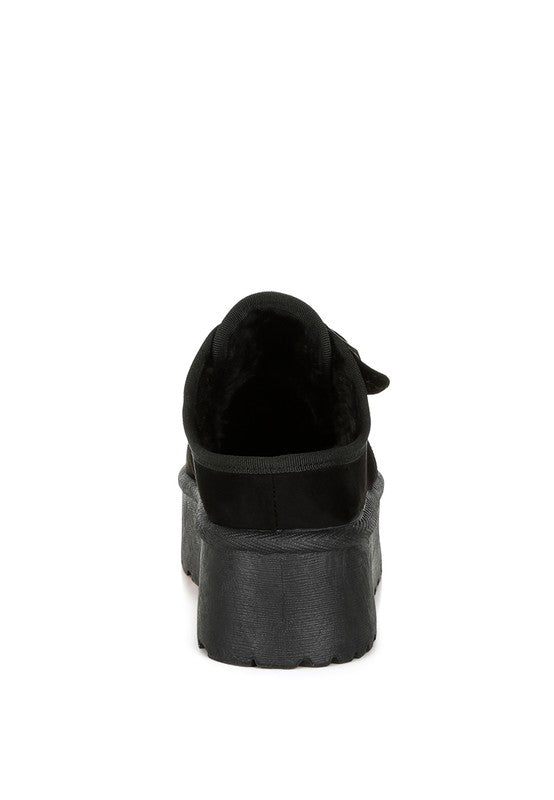 Mayfield Buckle Strap Fur Slip-Ons black back view with chunky flatform heel