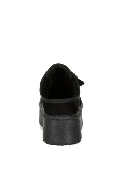 Mayfield Buckle Strap Fur Slip-Ons black back view with chunky flatform heel