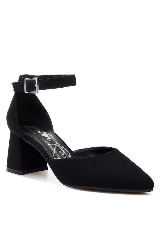 Black Rozita Block Heels with pointed toe, ankle strap buckle, and cushioned insole