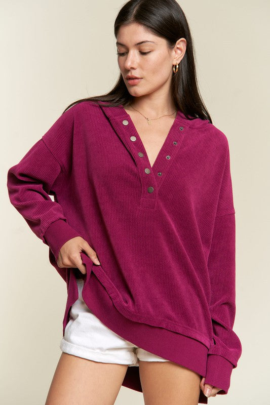 Kenzie Hooded Sweatshirt in Magenta side view showing soft drape and casual fit.