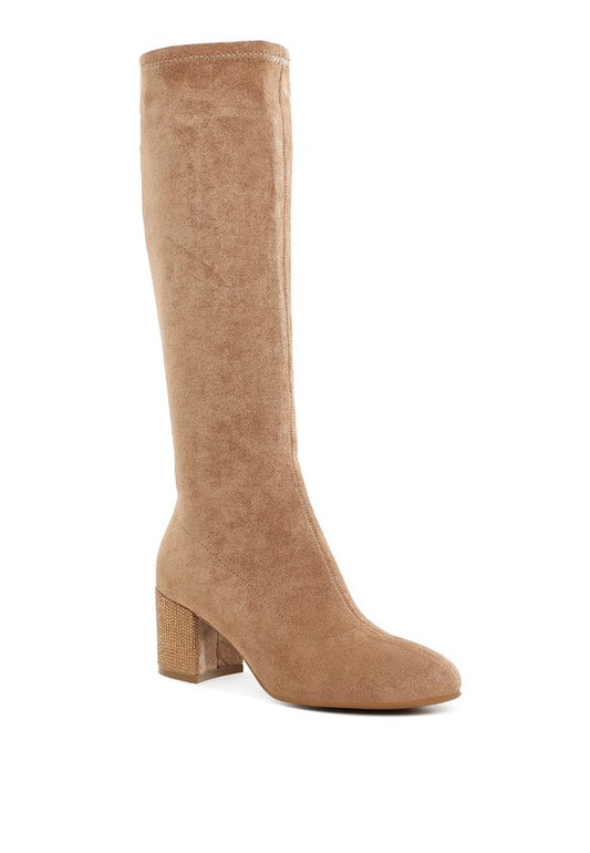 Sinaloa Microfiber Knee High Boots Camel front angle with embellished heel