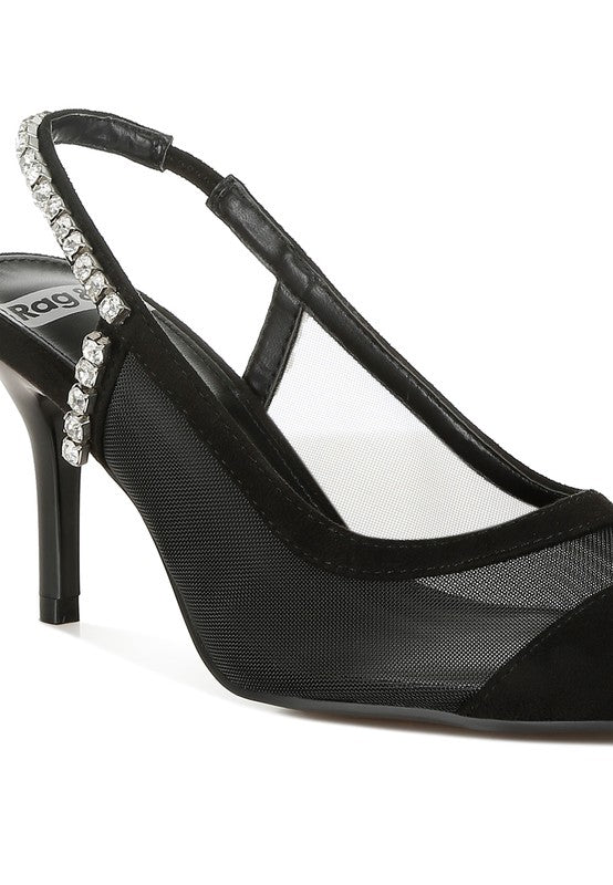 Black Yaga Slingback Stilettos close-up highlighting diamante strap and microfiber trim