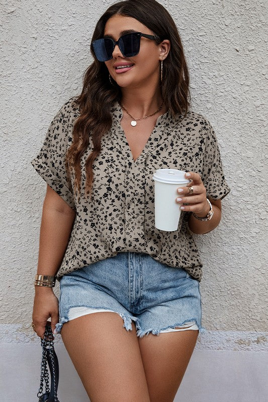 Ruthie Plus Size Floral Blouse short sleeve design with relaxed drape in khaki floral fabric.