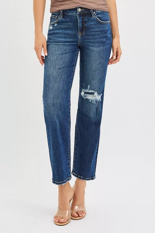 Jenna High Rise Crop Slim Straight Jeans in dark wash, front view showing raw hem and hidden knee patch.