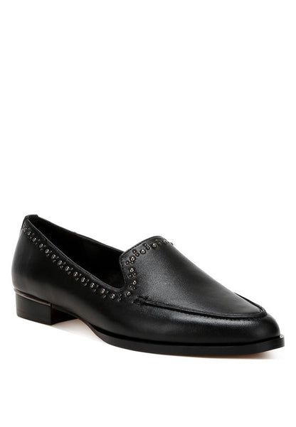 Black Wolferton studded leather loafers front angle view