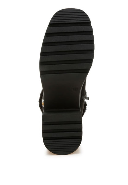 Bottom view of Black Woolly Faux Fur Embroidered Boots showing anti-skid sole and block heel design.