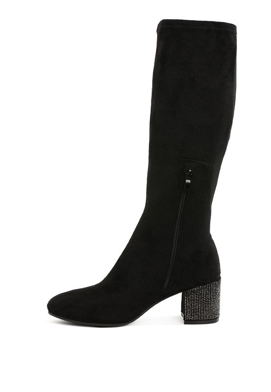 Sinaloa Microfiber Knee High Boots Black side profile with rhinestone heel detail