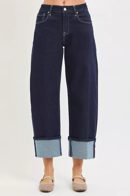 Kaia slouchy crop barrel jeans front view with dark wash denim and wide cuffed hems