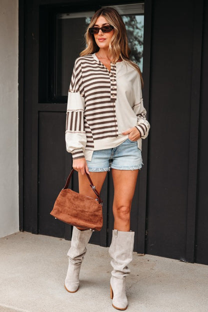 Full body view of Ariana Stripe Stitched Oversized Sweatshirt casual styling