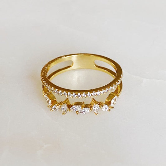Colette Jeweled Ring gold double band with cubic zirconia jewels, front view