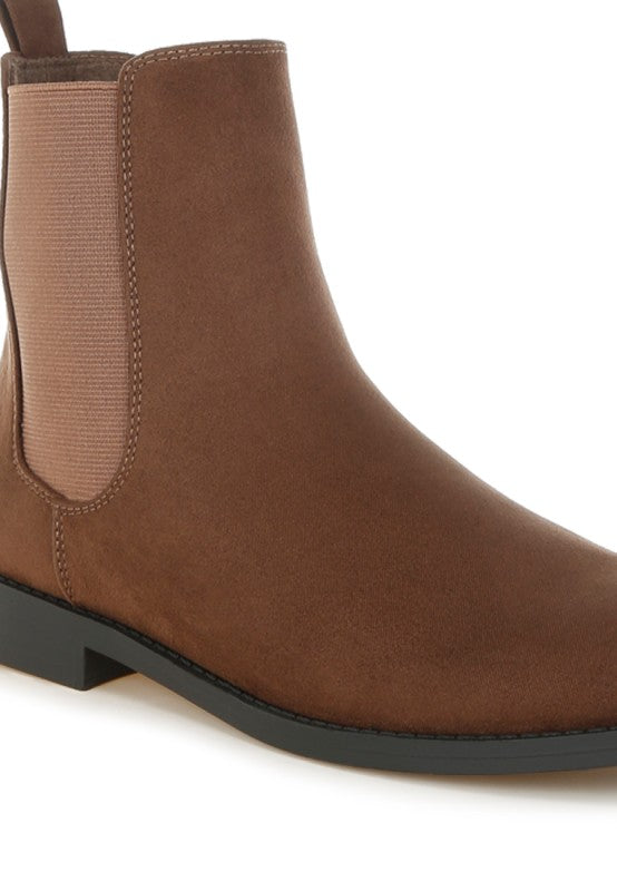Close up of Ayasa Low Block Heel Chelsea Boots in Brown showing low heel and elastic side panel