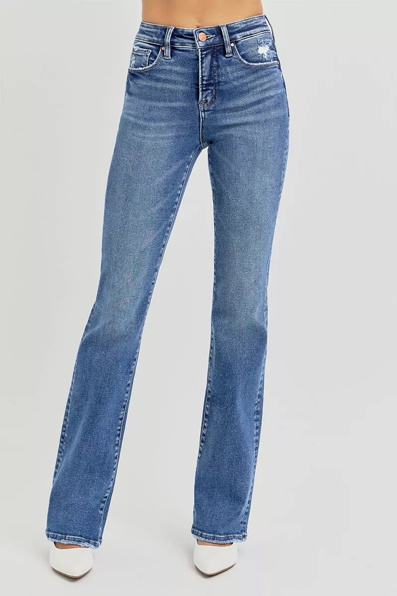 Front view of Huxley Tummy Control High Rise Straight Jeans showing tummy control waistband.