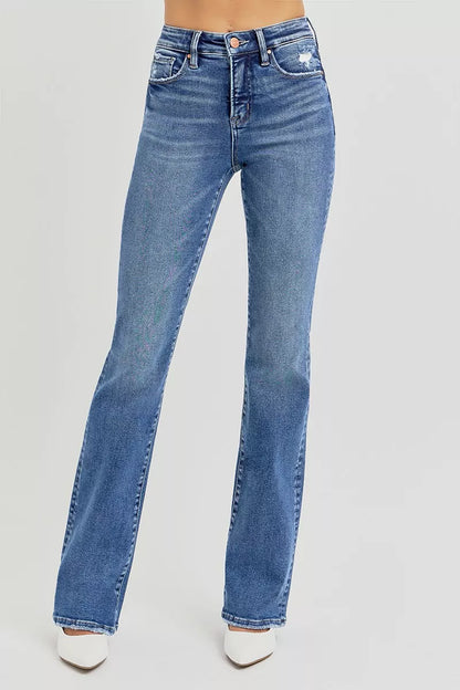 Front view of Huxley Tummy Control High Rise Straight Jeans showing tummy control waistband.