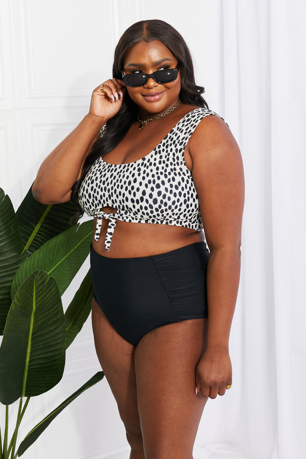 Sanibel Crop Swim Top and Ruched Bottoms Set in Spots/Black By Marina West Swim