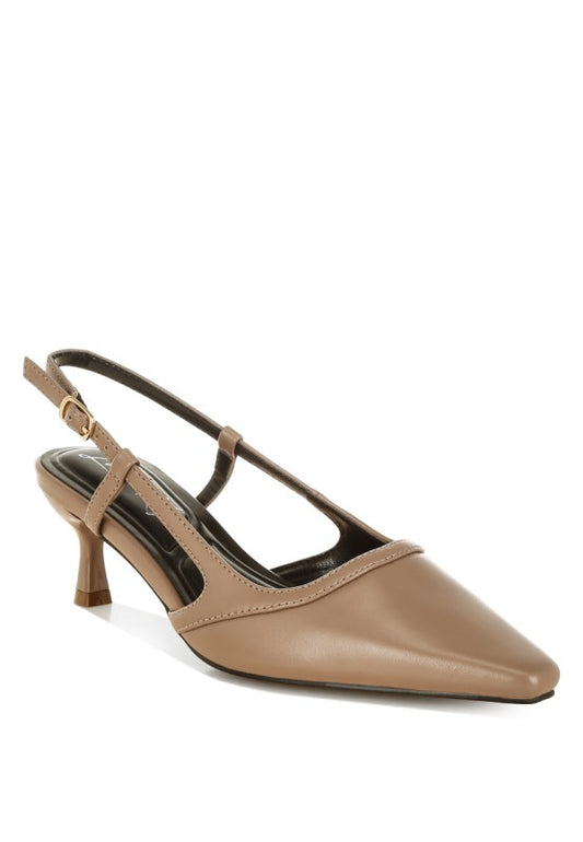 Front angle of Luxton Slingback Pin Buckle Kitten Heels in Taupe faux leather with snip toe and low heel
