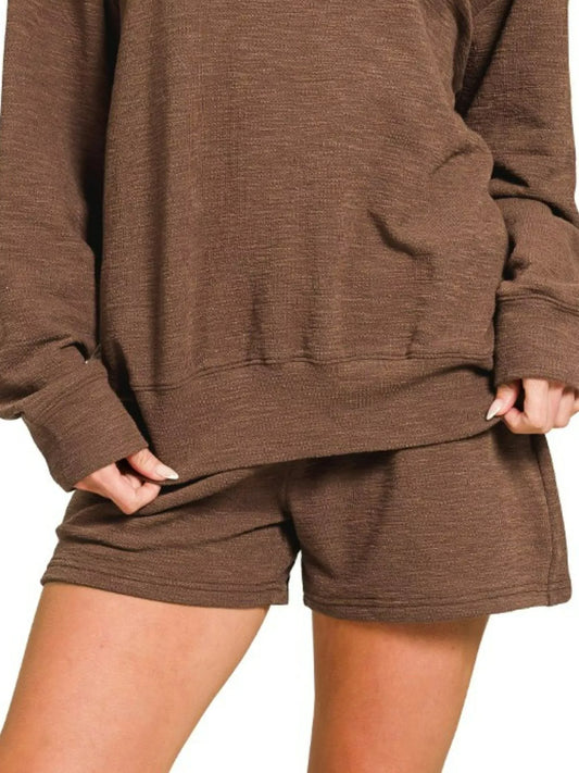 Pippa Slub Brown Two-Piece Lounge Set – detail shot of shorts with stretch waistband.