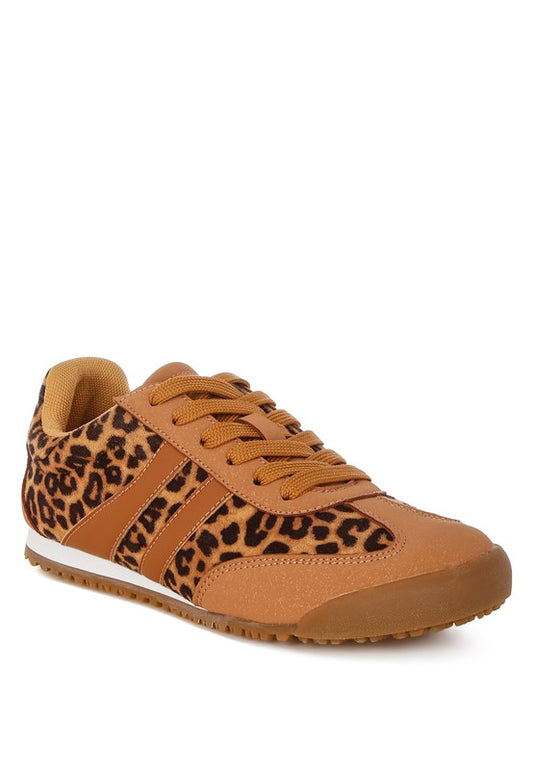 Leopard print sneakers front angle with lace-up design and round toe