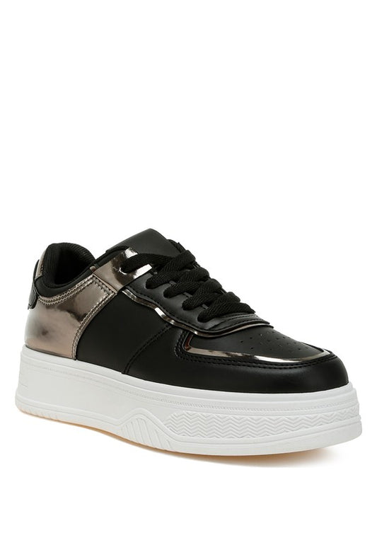 Front angle view of black Scouts Platform Sneakers with metallic detail