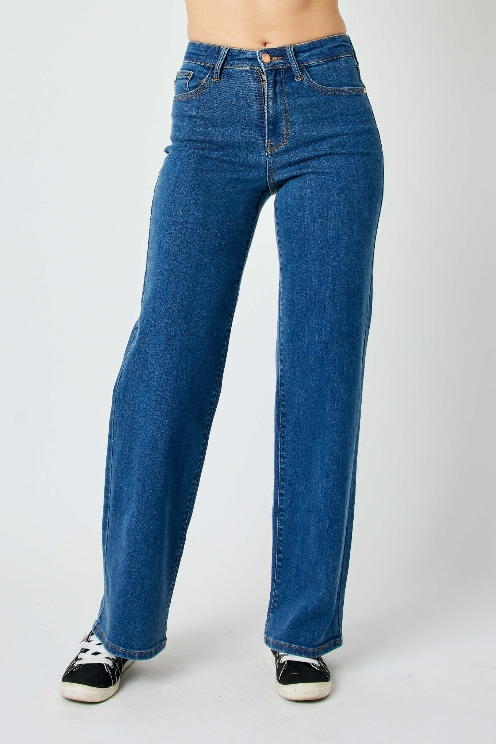 Judy Blue high-rise straight leg jeans in a medium wash with moderate stretch.