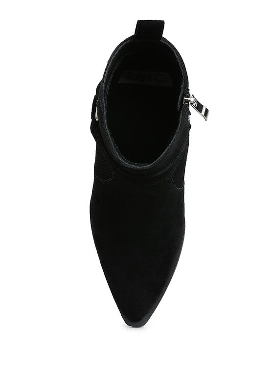 Jockey Harness Ankle Boots black suede top view showing pointed toe and structured shaft